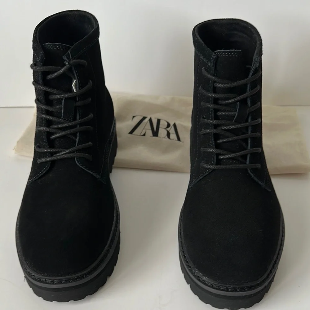 Zara Men's Leather Black Lace-Up Boots